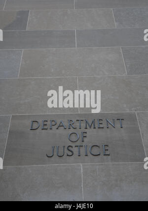 U.S. Department of Justice nameplate on outside of headquarters building, Washington, D.C., USA Stock Photo