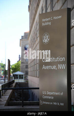 Sign in front of the Herbert Hoover U.S. Commerce Department building in Washington, D.C., USA Stock Photo