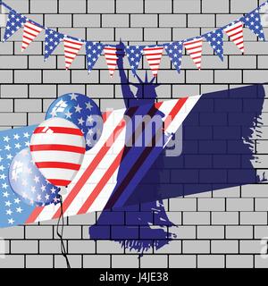 SILUETTE STATUS OF FREEDOM. ON THE BACKGROUND OF A BRICK WALL WITH AIR BALLS. Independence Day United States. Illustration for your design. Fourth of  Stock Vector