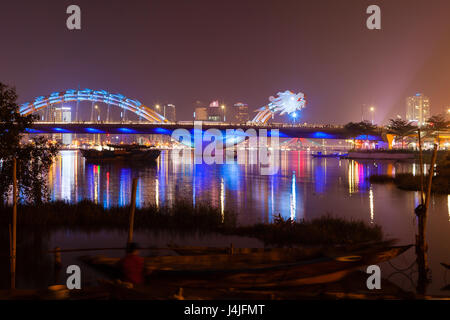 DA NANG, VIETNAM - March 12, 2017: illuminated Dragon River Bridge over Han River, Cau Rong (Rong Bridge) Stock Photo