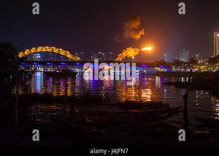 DA NANG, VIETNAM - March 12, 2017: illuminated Dragon River Bridge over Han River, Cau Rong (Rong Bridge) Stock Photo