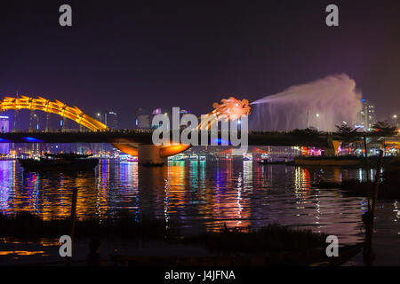 DA NANG, VIETNAM - March 12, 2017: illuminated Dragon River Bridge over Han River, Cau Rong (Rong Bridge) Stock Photo