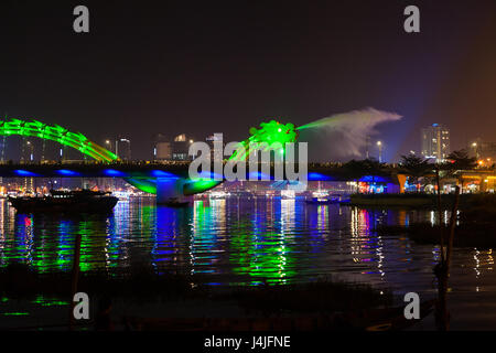 DA NANG, VIETNAM - March 12, 2017: illuminated Dragon River Bridge over Han River, Cau Rong (Rong Bridge) Stock Photo