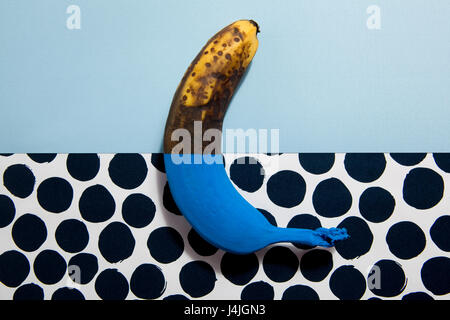 A half-painted banana blue Each half opposing the plain background and dots Stock Photo