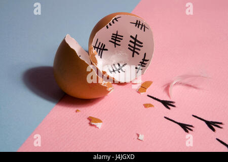 The counting of the days on a broken egg with footprint on a pink and blue background Stock Photo