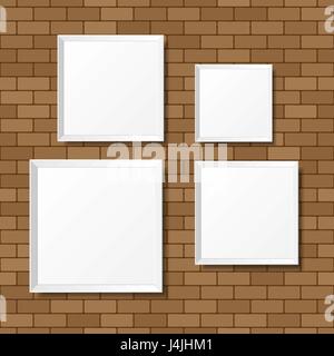 Blank white posters on the brick wall. Blank canvases. Realistic Stock Vector