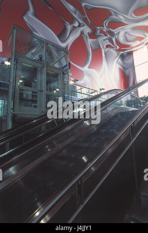 Austria, Styria, Graz, central station, walls, colourfully, escalator Europe, town, railway station, station hall, inner walls, intervention, plastic lining, red-white, design Peter Kogler, biomorphs forms, art, culture, place of interest, cultural capital of Europe in 2003 Stock Photo