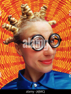 Woman, glasses, computer data, icon, user participant, binary file, code, coding, system, intelligence, programming, cryptology, encryption, flighty, figures, binary, data, data processing, computer, computer world, data world, thought, data, computer freak, Internet junkie Stock Photo