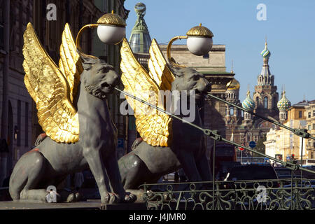 Russia, St. Petersburg, bank bridge, grab characters, wings gilt, detail town, architecture, structure, bank bridge, bridge, footbridge, suspension bridge, Gribojedow channel, sculptures, lions, winged, griffin, to griffins, artist Pawel Sokolow, place of interest, bridge characters, mythical creatures Stock Photo