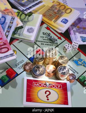Parlour game, Monopoly, bank notes, coins, euro still life, object photography, game, board, entertainment, leisure time, hobby, game of chance, banknotes, change, cash, currency, currency unit, single currency, means of payment, European, the EU, close up Stock Photo