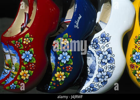 The Netherlands, clogs, sales Holland, souvenirs, Clogs, shoes, woodwork, paint, brightly, souvenir, handicraft, economy, wooden mules, red, blue, white, yellow, four, near Stock Photo