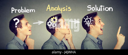 Side view profile of a thoughtful, finding solution young man with question gear mechanism, light bulb signs. Stock Photo