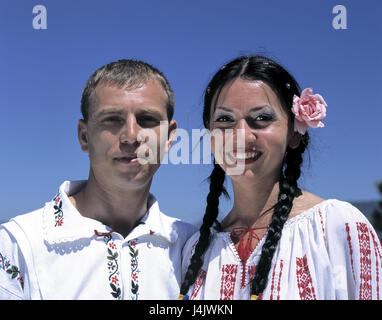 Bulgaria, couple, young, folklore, portrait outside, summer, clothes, traditionally, festively, smile, man, woman, national costume, national national costume Stock Photo