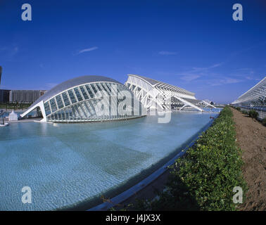 Spain, Valencia, 'Ciudad de read Artes Y read Ciencias', planetarium, science museum outside, provincial centre, 'City of Arts and Sciences', structures, architecture, modern, architect Santiago Calatrava, CAC, Calatrava City, experience park, 'Museo de las ciencias Principe Felipe', 'Hemisferic' Stock Photo