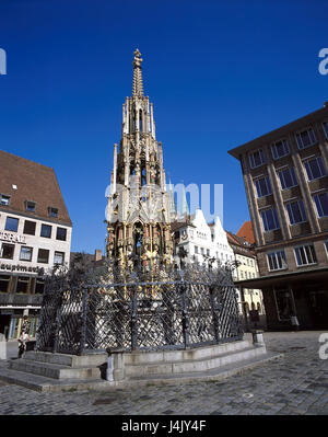 Germany, Bavaria, Franconia, Nuremberg, Sebalduskirche, central market, 'of nice wells' Europe, Central Franconia, town, Old Town, city centre, part of town, well, fountain, builds in 1370, 40 characters, 19 m high, simulation, mussel lime, art, St. of art, architectural style, Gothic, Gothic, houses, buildings, marketplace, place of interest, street of the emperors and kings Stock Photo