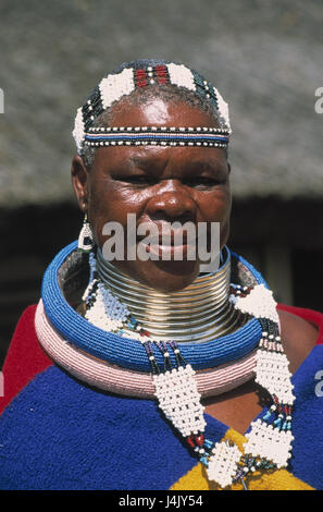 South Africa, Ndebele village, woman, portrait no model release RSA, Africa, South Africa, Transvaal-Ndebele, Bantu people, Ndebele strain, African, clothes, jewellery, traditionally, culture, art, brightly, folklore Stock Photo