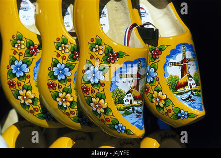 The Netherlands, clogs, sales Holland, souvenirs, Clogs, shoes, woodwork, paint, brightly, souvenir, handicraft, economy, wooden mules, yellow, four, near Stock Photo