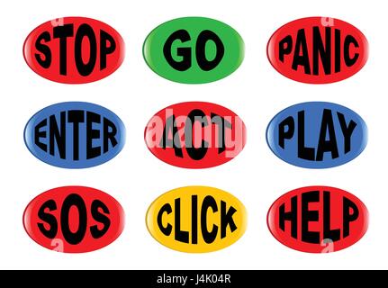 A collection of 3D buttons with various text instructions isolated on white Stock Vector