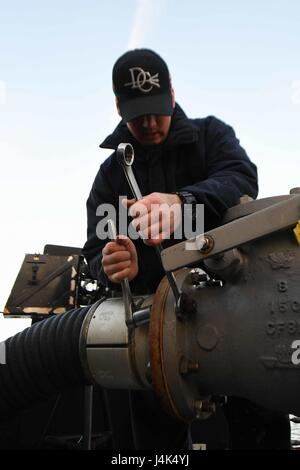 F 76 A Gas Turbine Systems Technician conducts a clear and bright test on ...