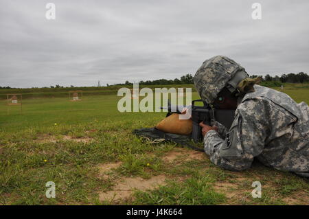 In this image released by the Army Reserve's 75th Training Command, Soldiers with the unit's Headquarters Detachment train at a military rifle range in Bastrop, Texas, Saturday, April 22, 2017. High individual readiness in the reserves in areas like marksmanship helps deter threats abroad. (Photo/75th Training Command, Army Reserve Lt. Col. Adam Collett) Stock Photo