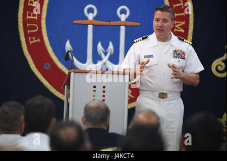 170510-N-XT273-078 CARTAGENA, Spain (May 10, 2017) Capt. Daniel Hopkins, exercise Phoenix Express 2017 officer in tactical command, delivers remarks during the opening ceremony for Phoenix Express 2017 at the Spanish Naval Base Arsenal de Cartagena May 10, 2017. Phoenix Express, sponsored by U.S. Africa Command and facilitated by U.S. Naval Forces Europe-Africa/U.S. 6th Fleet, is designed to improve regional cooperation, increase maritime domain awareness information sharing practices, and operational capabilities to enhance efforts to achieve safety and security in the Mediterranean Sea. (U.S Stock Photo
