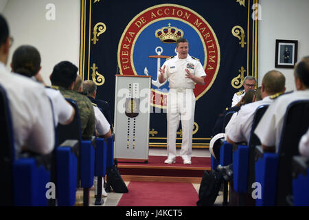 170510-N-XT273-082 CARTAGENA, Spain (May 10, 2017) Capt. Daniel Hopkins, exercise Phoenix Express 2017 officer in tactical command, delivers remarks during the opening ceremony for Phoenix Express 2017 at the Spanish Naval Base Arsenal de Cartagena May 10, 2017. Phoenix Express, sponsored by U.S. Africa Command and facilitated by U.S. Naval Forces Europe-Africa/U.S. 6th Fleet, is designed to improve regional cooperation, increase maritime domain awareness information sharing practices, and operational capabilities to enhance efforts to achieve safety and security in the Mediterranean Sea. (U.S Stock Photo