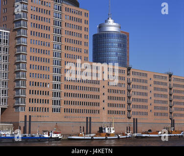 Germany, Hamburg, memory town, Hanseatic League Trade centre Tower, riverside, ships Europe, Hanseatic town, town, harbour city, Kehrwiederspitze, high rise, office building, high-rise office block, structure, architecture Stock Photo