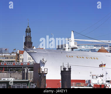 Germany, Hamburg, harbour, ship 'Cap San Diego', detail Europe, Hanseatic town, Saint Pauli, landing stages, the Elbe, museum ship, ship, general cargo freighter, restores, label, stroke, ship name, side board, side wall, navigation, place of interest, background, steeple, St. Michaelis, Michel, landmark Stock Photo