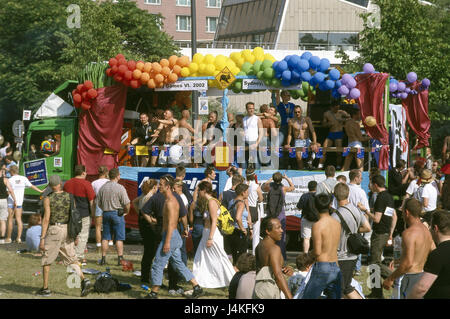 Germany, Berlin, Potsdam square, Christopher-Street-Day, fixed carriage, spectator Europe, town, capital, part of town, event, procession, pageant, CSD, Christopher Street Day, street party, scene, Homosexuellenszene, homosexual, demonstration, young persons, visitors Stock Photo
