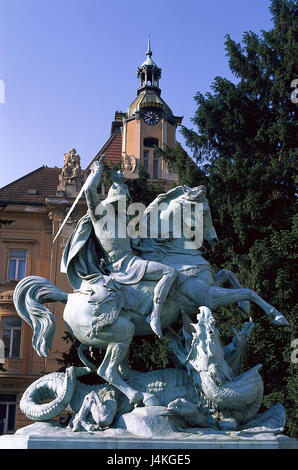 Croatia, Zagreb, Marshal Tito Platz, equestrian statue, St. Georg, Drachentöter Europe, Southeast Europe, Balkan Peninsula, town, capital, city, city centre, square, theatre square, monument, statue, dragon, dragon, kill, spear, rescuer, saint, St. of art Stock Photo