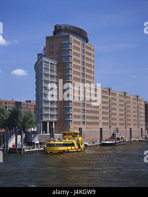 Germany, Hamburg, harbour, Hanseatic League Trade centre, ships Europe, town, Hanseatic town, city, flux Elbe, Kehrwiederspitze, building, house, HTC, office building, high-rise office block, boots Stock Photo