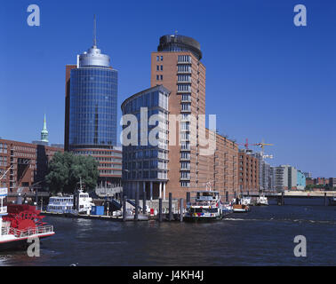 Germany, Hamburg, memory town, Hanseatic League Trade centre Tower, riverside, ships Europe, North Germany, Hanseatic town, town, harbour city, Kehrwiederspitze, high rise, office building, high-rise office block, office complex, structure, architecture Stock Photo