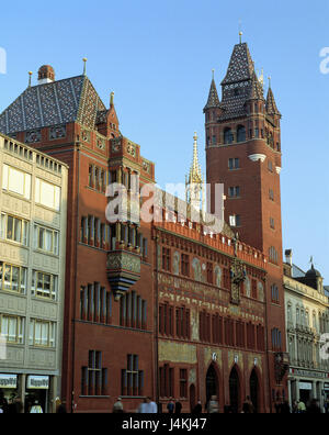 Switzerland, Basel, city centre, city hall Europe, town, city, part of town, houses, buildings, house line, architecture, structure, 16. Cent., town government, seat of government, tower, city hall tower, marketplace, sandstone construction, landmark, place of interest Stock Photo