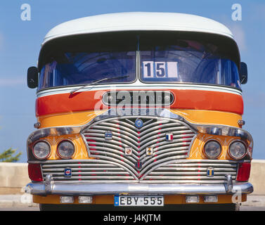Island Malta, coach, Leyland, AEC, front view island state, Mediterranean island, Maltese islands, bus, regular bus, public transit, publicly, vehicle, personal transport, means of transportation, passenger traffic, old-timer, typically, bonnet, windscreen, radiator grille Stock Photo