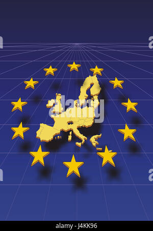 Computer graphics, the European Union, map, Europe, stars, float, co-ordinate system the EU, union, connection, member states, the EC, European Community, countries, EU countries, politics, European, state connection, organisation, internationally, federation, EU eastward enlargement, eastward enlargement, member countries, extension, co-ordinates, determining position, geography, geography, grid, graphics, colour tuning, colour blue Stock Photo