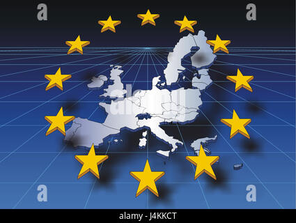 Computer graphics, the European Union, map, Europe, stars, float, co-ordinate system the EU, union, connection, member states, the EC, European Community, countries, EU countries, politics, European, state connection, organisation, internationally, federation, EU eastward enlargement, eastward enlargement, member countries, extension, co-ordinates, determining position, geography, geography, grid, graphics, colour tuning, colour blue Stock Photo