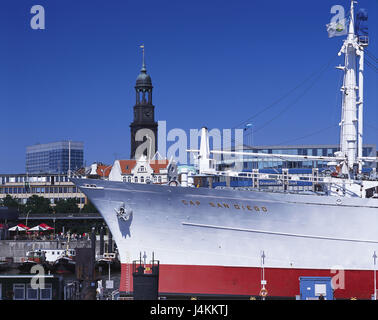 Germany, Hamburg, town view, harbour, ship 'Cap San Diego', detail background, Michaelis tower Europe, Hanseatic town, Saint Pauli, landing stages, the Elbe, museum ship, ship, label, stroke, ship name, general cargo freighter, restores, navigation, place of interest, steeple, St. Michaelis, Michel, landmark Stock Photo