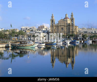Malta, Msida, town view, church, fishing harbour island state, island, the Mediterranean Sea, view, harbour, fishing boats, church, structure, architecture, place of interest, mirroring, water surface Stock Photo