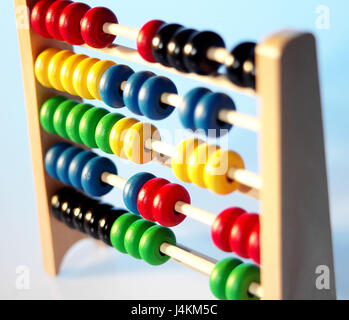 Abaci, detail slide rule, calculation, calculate, arithmetic help, accessory, abacus, becomes outdated, addition, subtraction, plus, below, rails, sphere, intelligence, mathematics, learn, school education, logic, icon, conception, still life, object photography Stock Photo