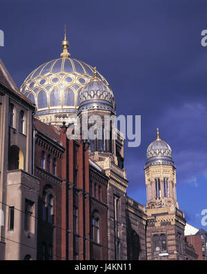 Germany, Berlin middle, Oranienburger street, new synagogue, centrum Judaicum Europe, cosmopolitan city, capital, Berlin, sacred construction, meeting place, service building, Bethaus, church, Jewish, faith, religion, building, domes, architectural style maurisch, structure, historically, in 1859 - in 1866, architect Eduard Knoblauch, Friedrich August Stüler, cultural asset, place of interest, summer Stock Photo