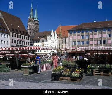 Germany, Bavaria, Franconia, Nuremberg, Sebalduskirche, central market, 'of nice wells' Europe, outside, Central Franconia, town, Old Town, city centre, part of town, well, fountain, builds in 1370, 40 characters, 19 m high, simulation, mussel lime, art, St. of art, architectural style, Gothic, Gothic, houses, buildings, market, marketplace, place of interest, street of the emperors and kings Stock Photo