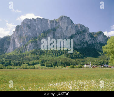 Austria, salt chamber property, lunar lake, St. Lorenz, dragon's wall Europe, Upper Austria, place, place, mountain, mountains, scenery, meadow, flower meadow Stock Photo