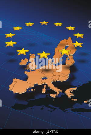 Computer graphics, the European Union, map, Europe, stars, float, co-ordinate system the EU, union, connection, member states, the EC, European Community, countries, EU countries, politics, European, state connection, organisation, internationally, federation, EU eastward enlargement, eastward enlargement, member countries, extension, co-ordinates, determining position, geography, geography, grid, graphics, colour tuning, colour blue Stock Photo