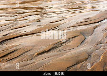 Patterns on the sand from running water. Melting snow in Siberia. Novosibirsk Region, the Ob Sea. Stock Photo