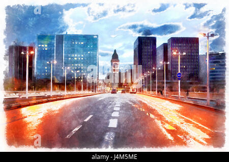 Cityscape colorful painting with Tower of Gare de Lyon at night, Paris, France Stock Photo