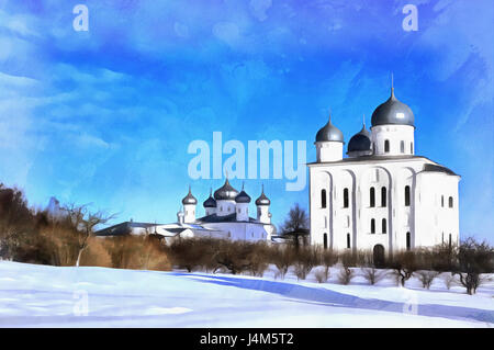 Colorful painting of St. George's Cathedral, St. George's (Yuriev) monastery, Veliky Novgorod,   Russia Stock Photo