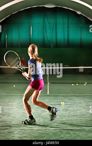 Young girl plays tennis at indoor court colorful painting Stock Photo