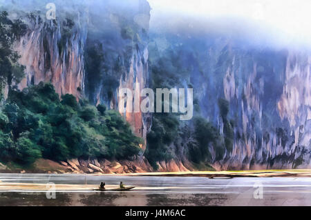 Colorful painting of Mekong River landscape, Laos Stock Photo