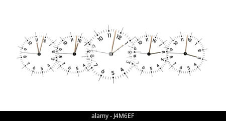 Time concept. Few clock faces from eleven to three hours on white background Stock Photo
