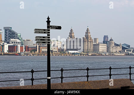 Signpost showing distances to various attractions on Seacombe promenade with Liverpool waterfront in the distance Stock Photo
